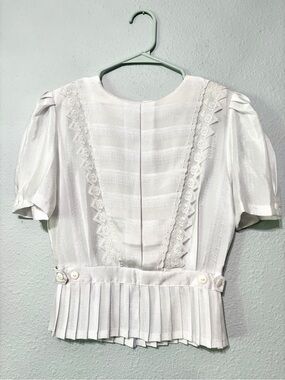 Vintage 80s Silky White Pleated Peplum Lace Trim Top S